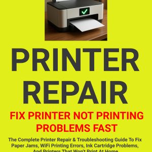 Front cover of “The Windows Printer Repair Book – Complete Troubleshooting Guide” showing a printer with warning icons, tools, and bold text promising fixes for printer not printing, paper jams, offline errors and Windows 10/11 repair.