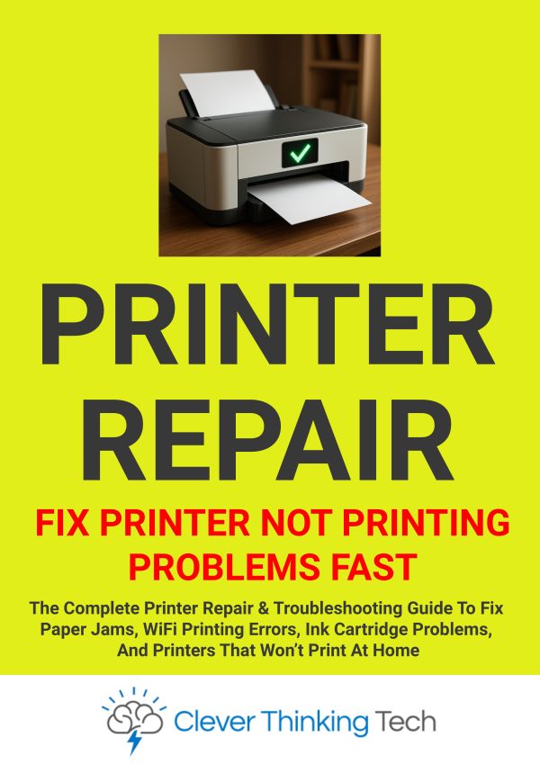Front cover of “The Windows Printer Repair Book – Complete Troubleshooting Guide” showing a printer with warning icons, tools, and bold text promising fixes for printer not printing, paper jams, offline errors and Windows 10/11 repair.